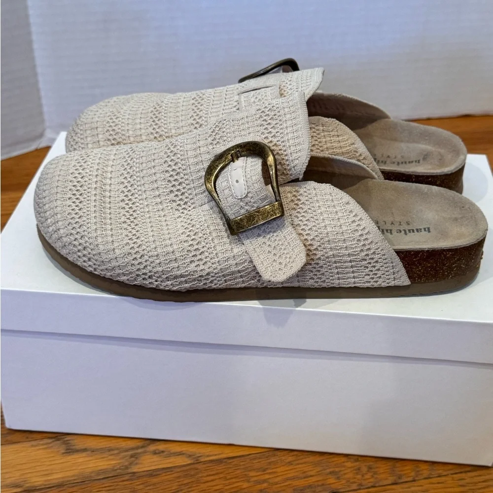 Haute Hippie Beige Knit Mule Clogs with Buckle - Picture 1 of 5